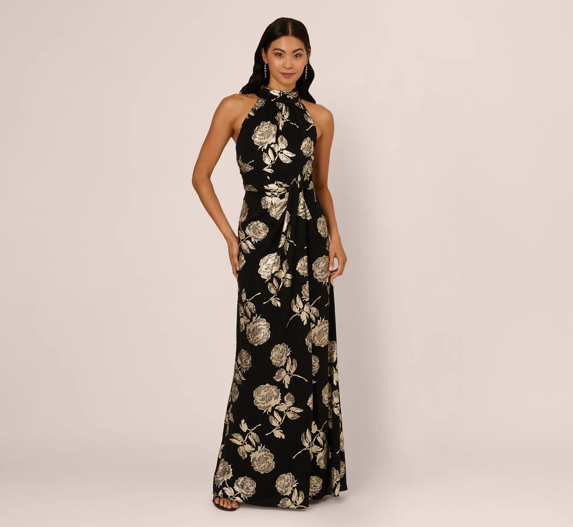 Metallic Rose Floral Halter Gown In Black Gold | Adrianna Papell