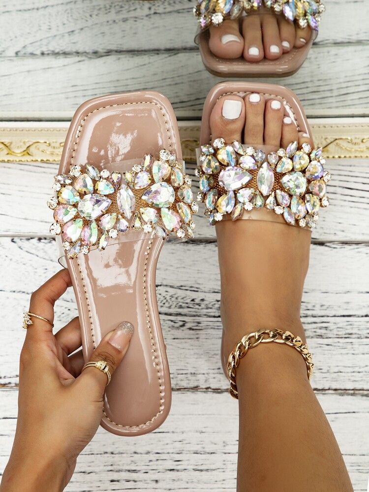 Women Dusty Pink Rhinestone Decor Clear Band Slide Sandals,Fashion Clear Rhinestone Sandals | SHEIN