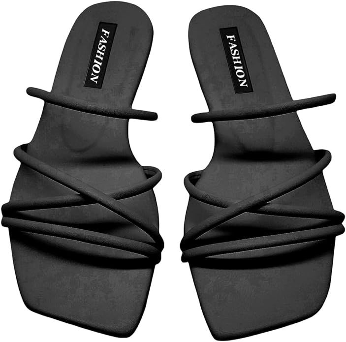 GORGLITTER PU Leather Flat Slip on Sandals Cross Strap Open Toe Summer Slide Sandals | Amazon (US)