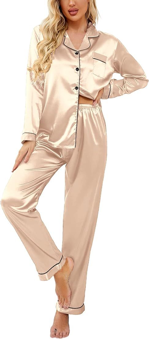 Women's Classic Button Down Long Satin Silk Pajama Set | Amazon (US)