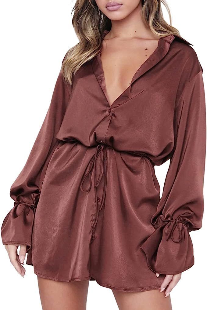 Women Satin Shirt Dress Silk Loose Fit Long Sleeve Dress Solid Color Button Down Lapel Blouse Dre... | Amazon (US)