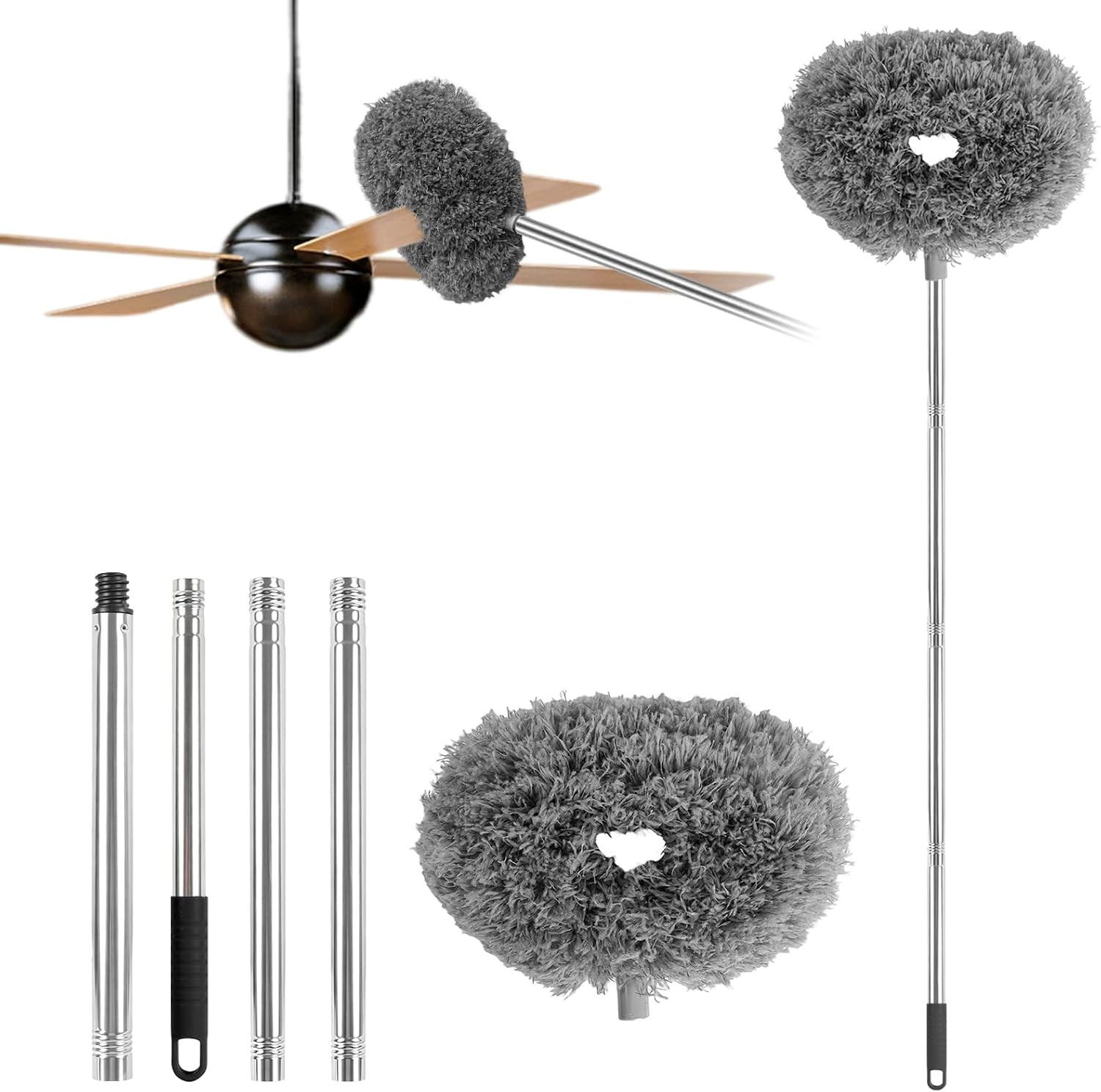Ceiling Fan Cleaner Duster Reusable Microfiber Ceiling Fan Blade Cleaner Removable Duster with Extension Pole Adjusts 13 to 49.7 Inch for Cleaning Walls Bookshelves Furniture Door Window Top (Gray) | Amazon (US)