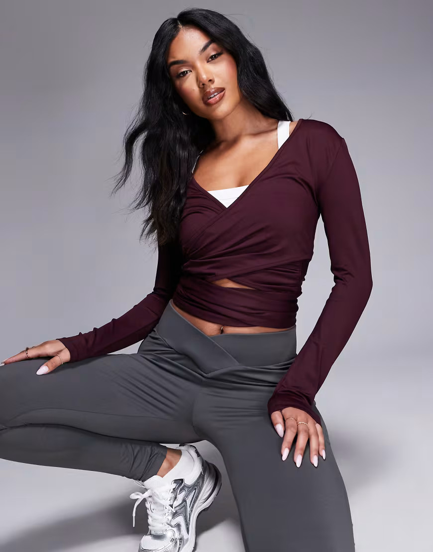 ASOS DESIGN polyamide ballet wrap top in plum-Red | ASOS (Global)