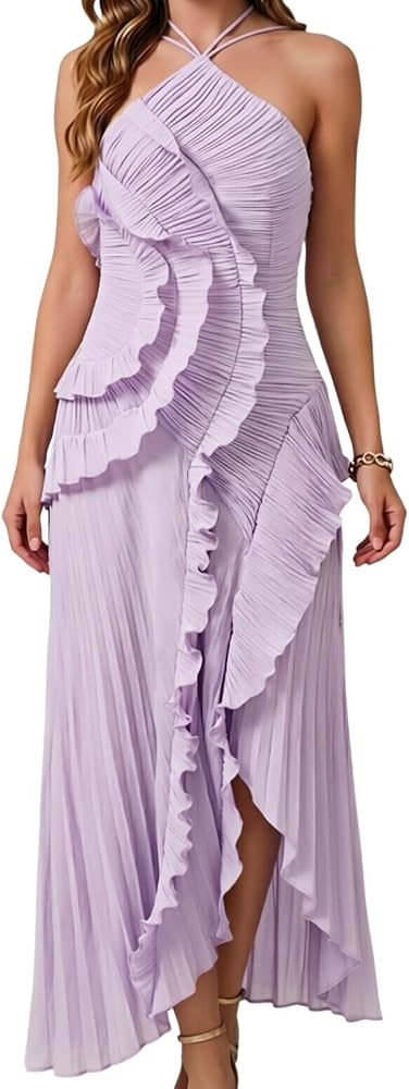 Women's Halter Neck Ruffle Backless Pleated Flowy Maxi Dress | Amazon (US)