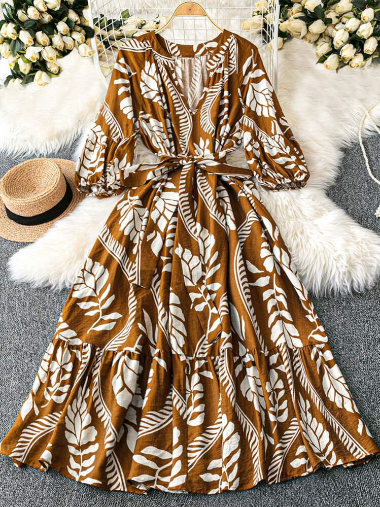 Breezaya Plus Size Slimming Vintage V-Neck 3/4 Bell Sleeve Tie-Waist French Style Midi Printed Dr... | SHEIN