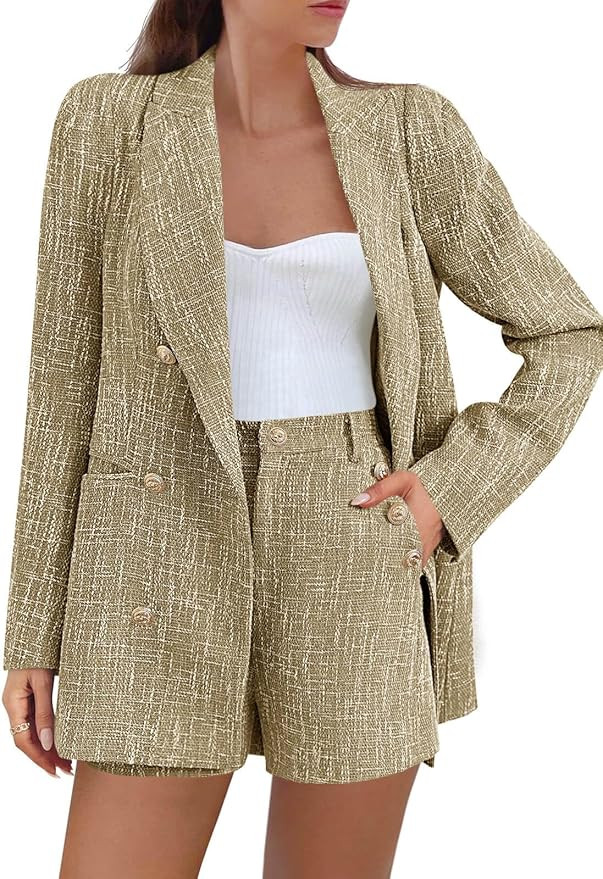 Cicy Bell Womens 2 Piece Tweed Blazer Shorts Sets Long Sleeve Double Breasted Suit Jackets Busine... | Amazon (US)