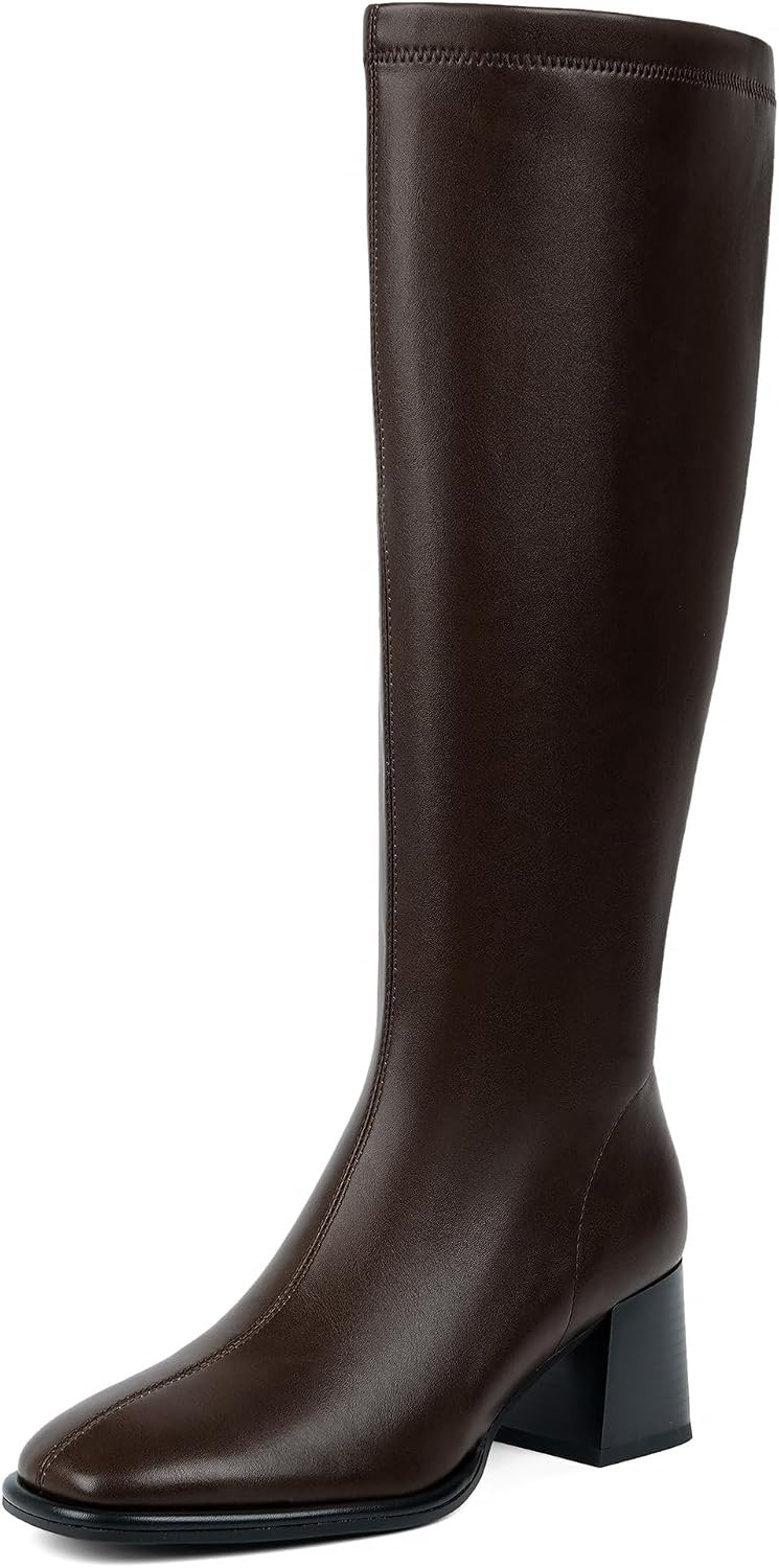Knee High Boots Women Stretchy Chunky Heel Square Toe Tall Boots | Amazon (US)