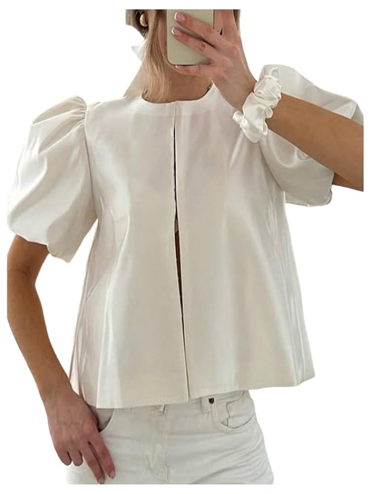 SweatyRocks Women's Summer Puff Short Sleeve Crew Neck Boxy Trendy Blouses Shirt Top | Amazon (US)