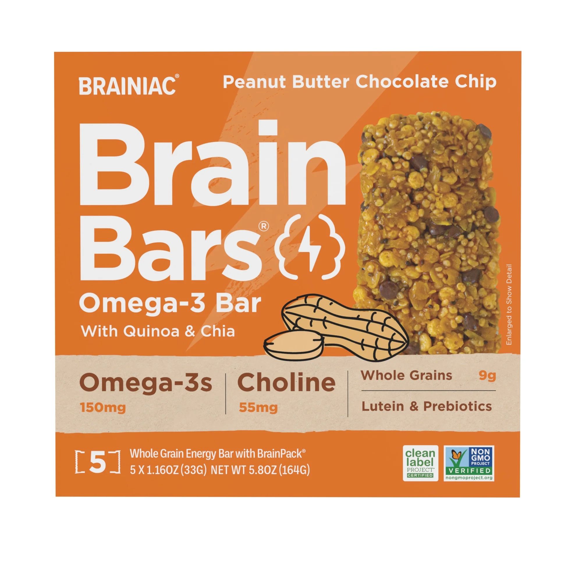 Brainiac Brain Bars, Peanut Butter Chocolate Chip Whole Grain Omega-3 Bars, Gluten-Free, Clean La... | Walmart (US)