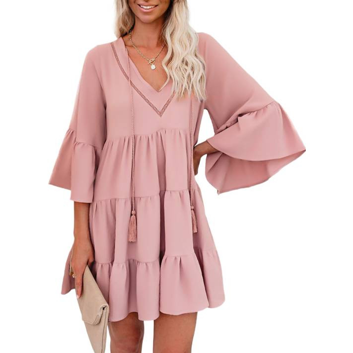 Dokotoo Women's Pink Tassel Swing Mini Dresses V Neck Tunic Dress Loose Flowy Casual Bell Sleeve ... | Walmart (US)