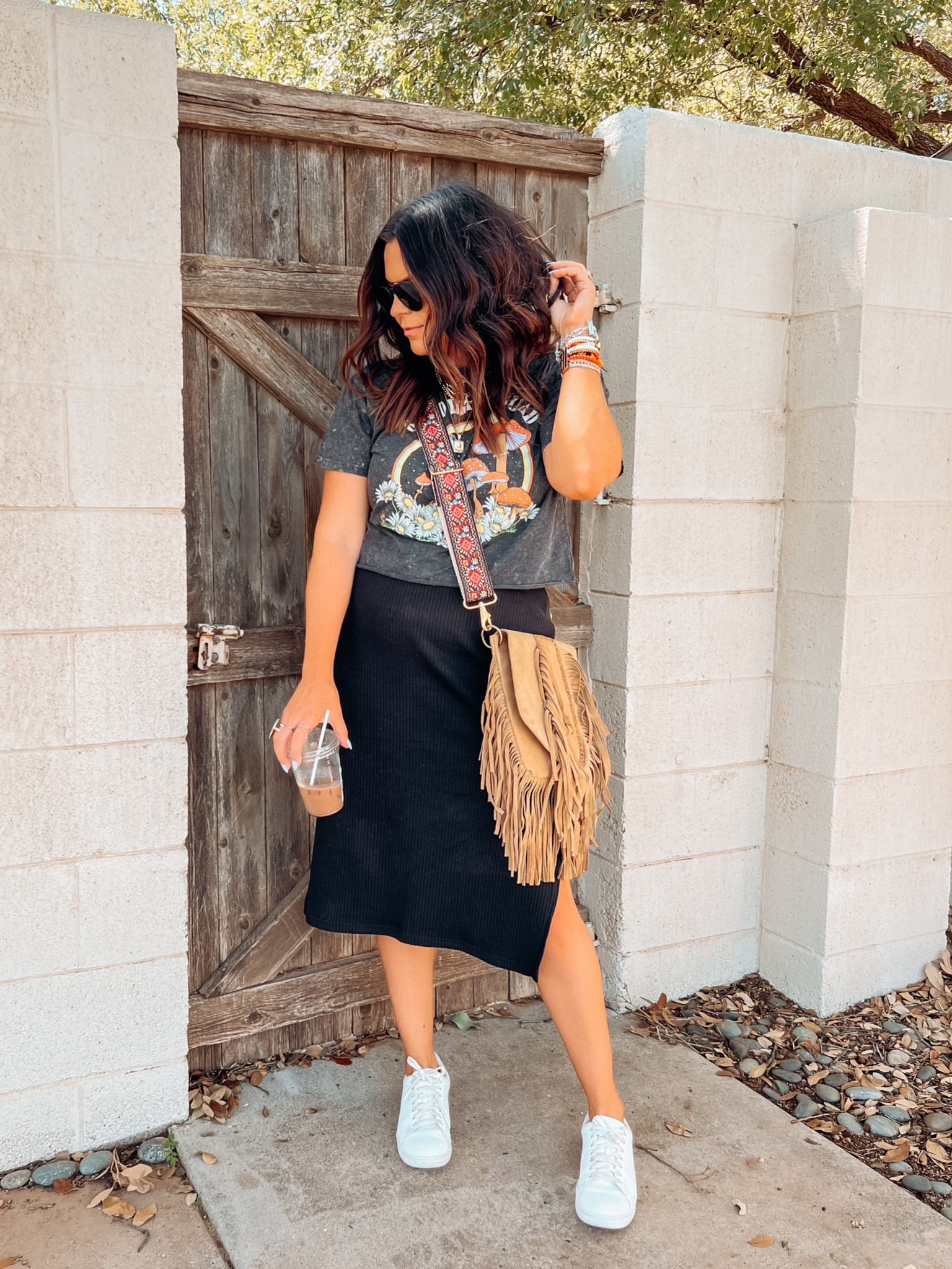 Tee: XL
Skirt: Large
Shoes: True to size
Bag: snipped the strap off to clip my boho strap  

#LTKstyletip #LTKunder50 #LTKfit