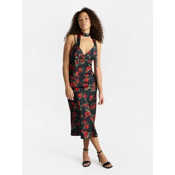 No Boundaries V-Neck Satin Maxi Dress with Scarf Set, 2-Piece, Women's | Walmart (US)