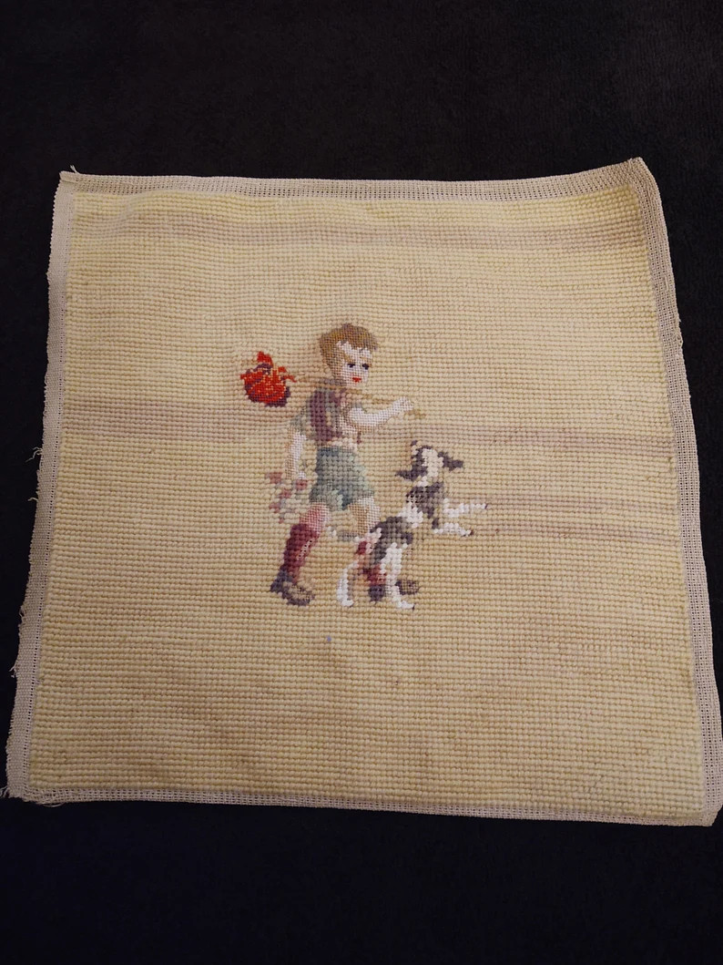 Cute Vintage Needlepoint Picture Boy With Dog - Etsy | Etsy (US)