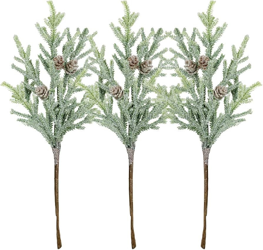 3 Pack Frosted Artificial Cypress Pine Stems Snowy Glittered Pine Spray with Mini Pinecones for C... | Amazon (US)