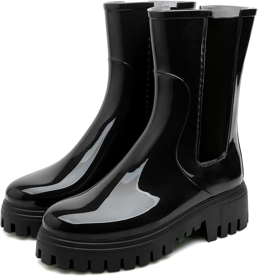 Hsttgsr Rain Boots for Women, Waterproof PVC Rubber Garden Boots Womens Chelsea Boots Short Platf... | Amazon (US)