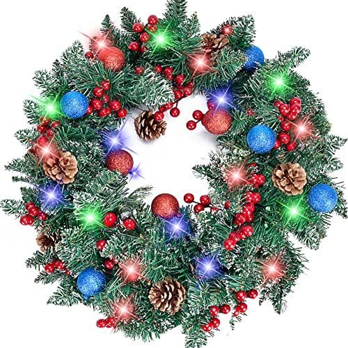 Christmas Wreath 18.8 Inch Christmas Decorations Wreaths for Front Door with LED Battery Operated... | Amazon (US)