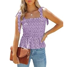 Cnkwei Womens Smocked Frill Tank Top Sleeveless Square Neck Floral Printed Cami Pleated Tie Tops | Amazon (US)