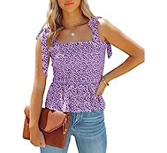 Cnkwei Womens Smocked Frill Tank Top Sleeveless Square Neck Floral Printed Cami Pleated Tie Tops | Amazon (US)