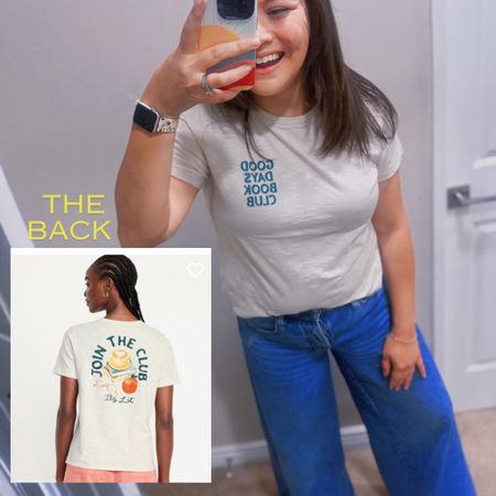 Book club t-shirt from old navy (on sale for $10 - also wearing the Target’s mid rise super wide leg jeans that are currently on sale for $28.80 

#LTKStyleTip #LTKFindsUnder50 #LTKSaleAlert