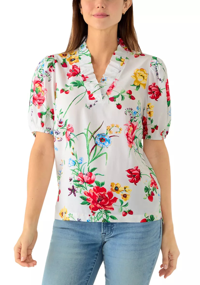 Women's Short Sleeve Print Ruffle Neck Top | Belk
