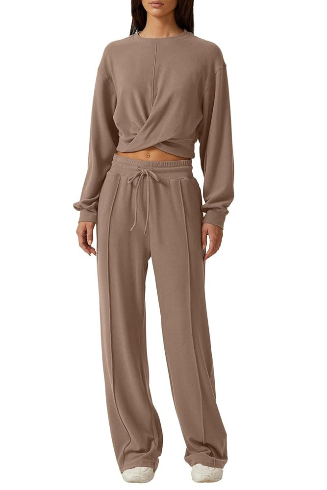 QINSEN Women 2 Piece Outfits Sweatsuit Set Twist Front Cropped Sweatshirt Wide Leg Sweatpant Loun... | Amazon (US)