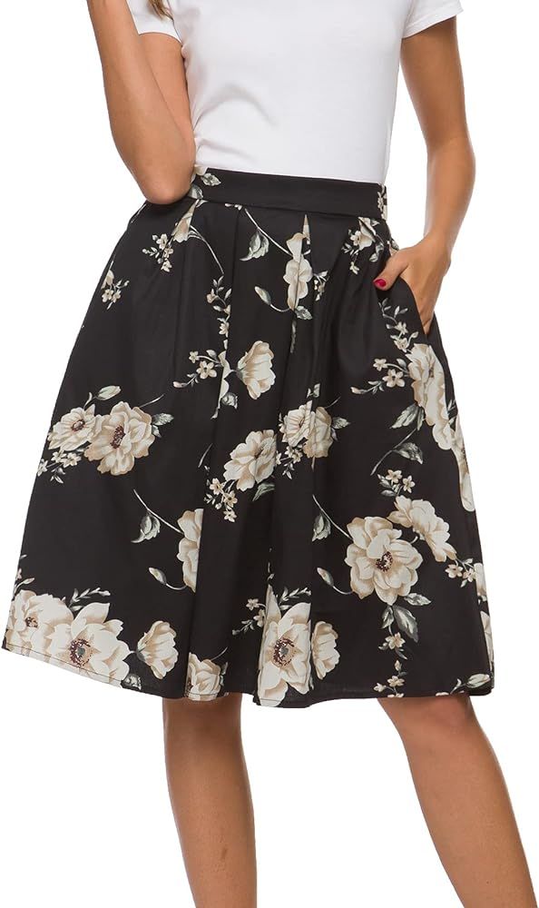 Tandisk Women's Vintage A-line Printed Pleated Flared Midi Skirt with Pockets | Amazon (US)