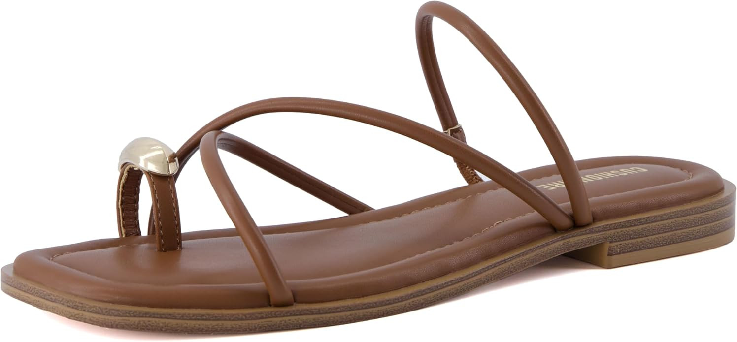 CUSHIONAIRE Venue Women’s Strappy Toe-Loop Slide Sandals with Gold-Tone Accent & Memory Foam Co... | Amazon (US)