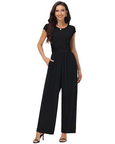 Chicingyou Womens Summer Jumpsuits Dressy Casual Crew Neck Cap Sleeve Wide Leg Pants Rompers Elegant One Piece Outfits(Black,L) | Amazon (US)