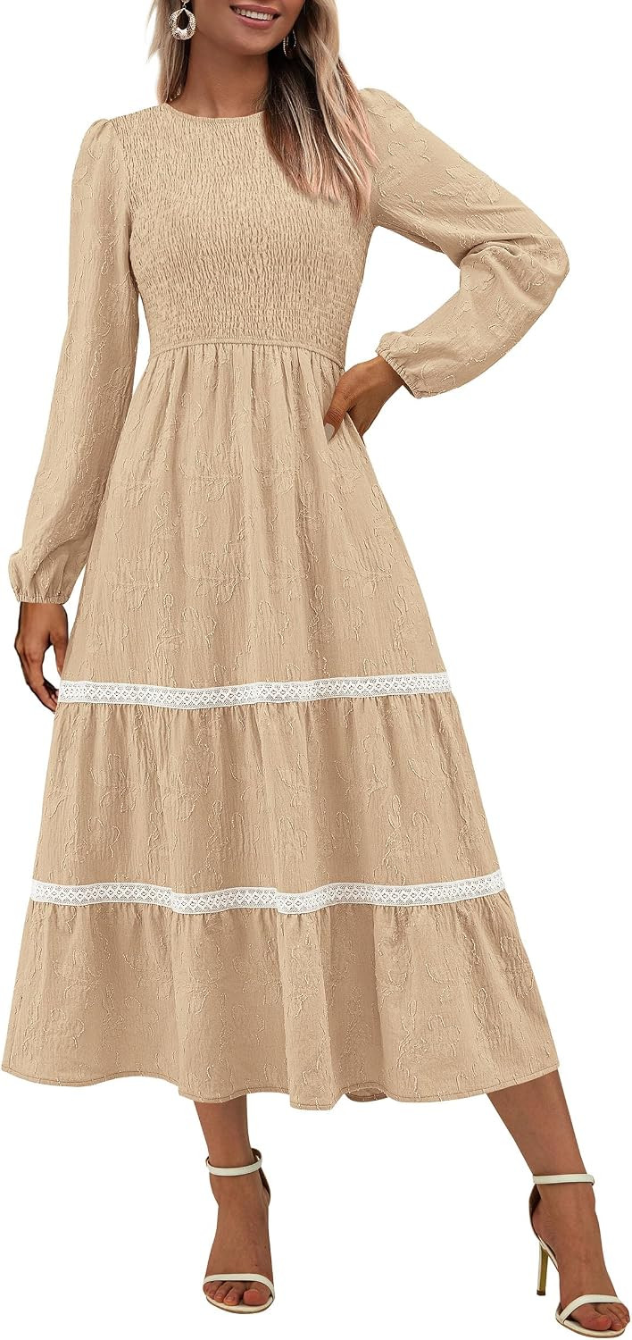 PRETTYGARDEN Women's Long Sleeve Boho Floral Midi Dress | Amazon (US)