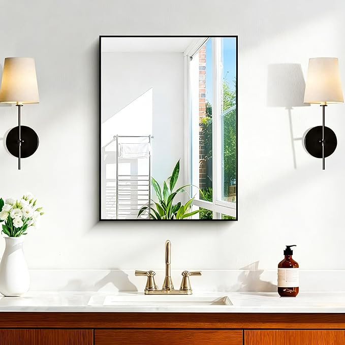 Black Bathroom Mirror, 24x18 Inch Rectangle Mirror for Over Sink, Modern Decorative Wall Mirror f... | Amazon (US)