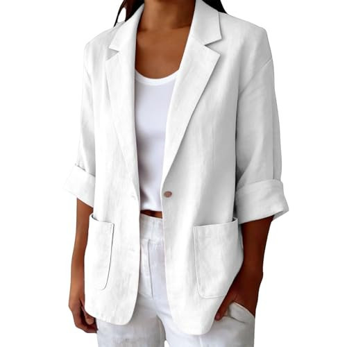 Womens Natural Cotton Linen Blend Blazer Lightweight 3/4 Sleeve Oversized Relaxed Fit Business Casual Work Office Corporate Professional Jackets Capsule Wardrobe Summer Outfits with Pockets White | Amazon (US)