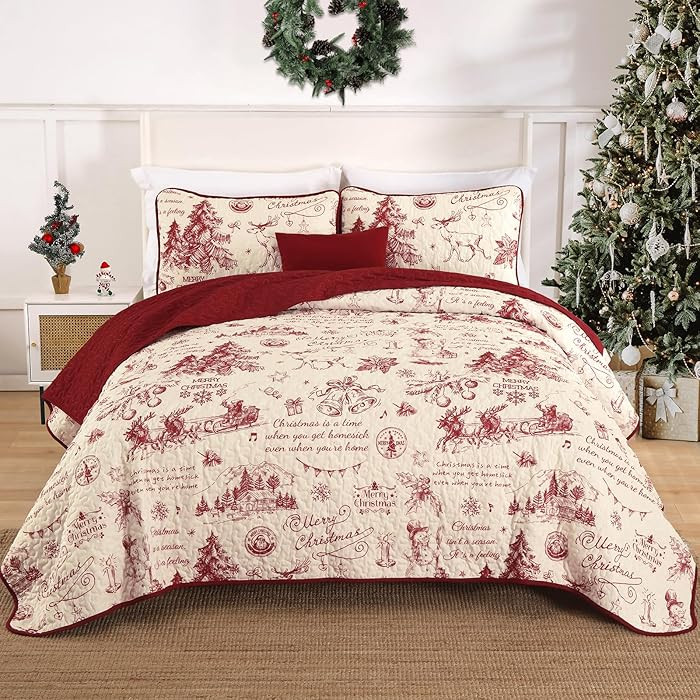 Christmas Quilt Set Queen Size, 3 Pcs Merry Christmas Theme Bedding Set with Shams, Red Santa Cla... | Amazon (US)