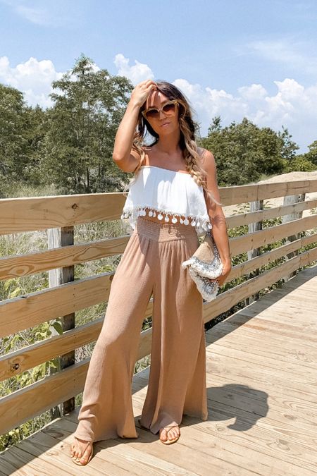 Summer beach day outfit  inspo - cropped top, wide leg beach pants, flat sandals


// vacation outfit, vacation outfits, beach outfit, resort wear, vacay, beach, pool, summer outfit, summer outfits, summer outfit ideas, beach pants, neutral style, linen, travel outfit, Lulus, Petal and Pup, Amazon, Abercrombie and Fitch, VICI, Revolve, Summersalt

#ltkstyletip
#ltkunder100
#ltkseasonal
#ltktravel