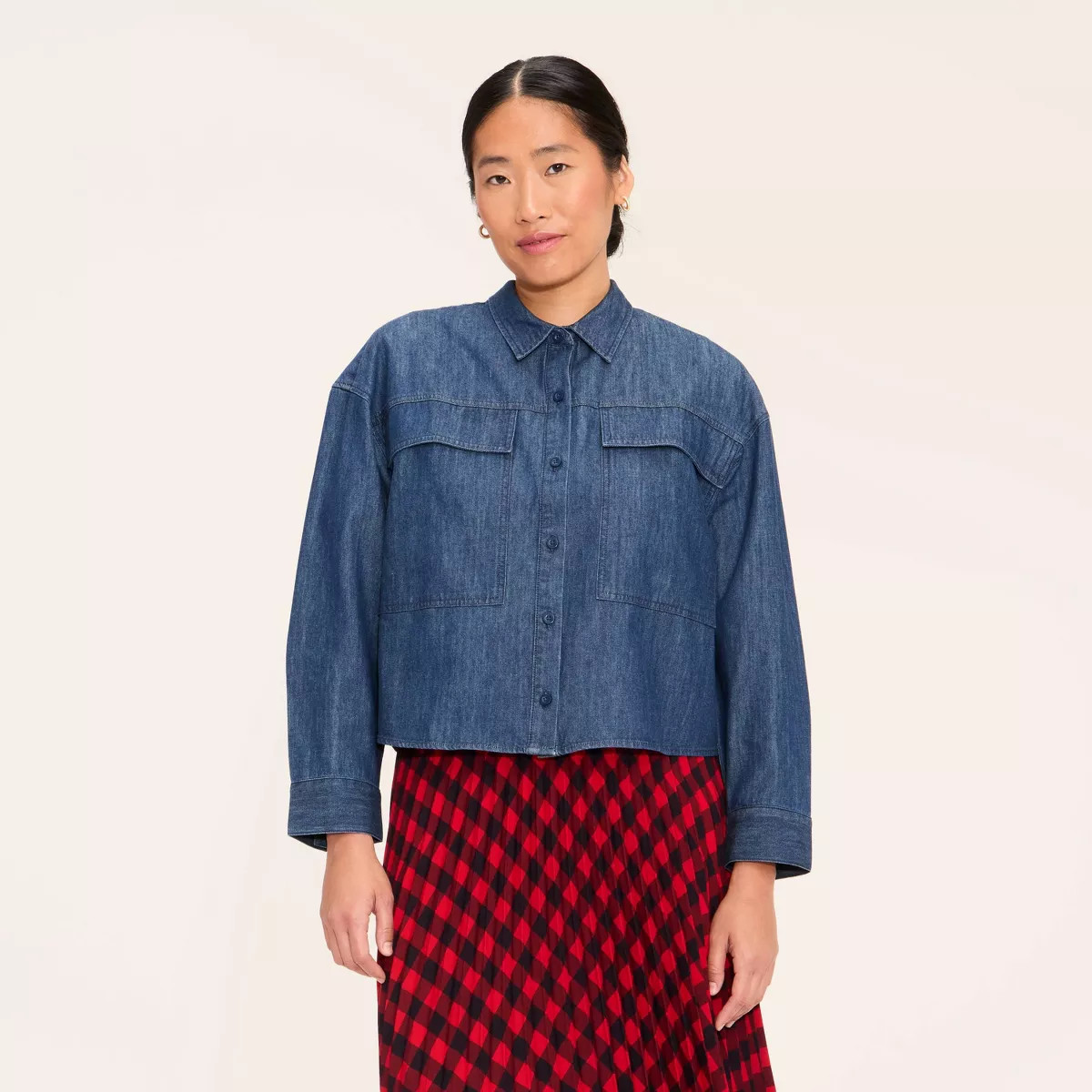 Women's Button-Down Long Sleeve Collared Utility Shirt - Woolrich x Target Dark Wash Denim | Target