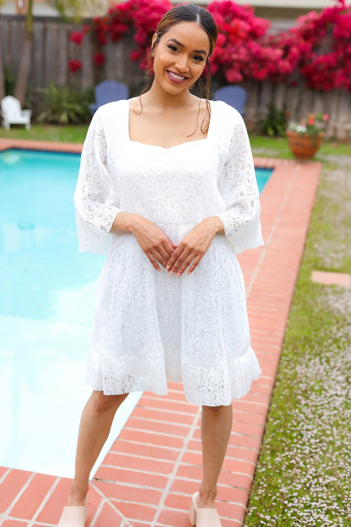 White Accordion Pleated Lace Square Neck Dress Small | Casual Chic Boutique