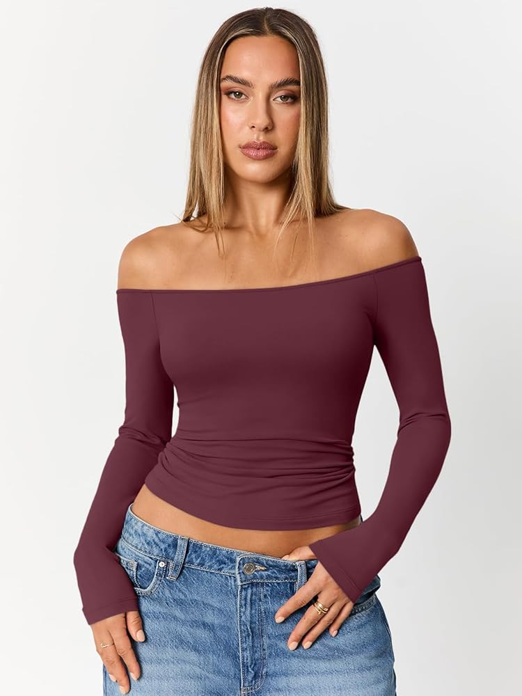 Trendy Queen Womens Long Sleeve Off The Shoulder Tops Going Out Cute Basic Y2K Fall Fashion 2025 ... | Amazon (US)