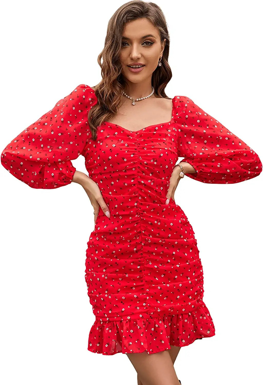 SweatyRocks Women's Lantern Sleeve Scoop Neck Dress Floral Tie Back Ruched Mini Dresses | Amazon (US)