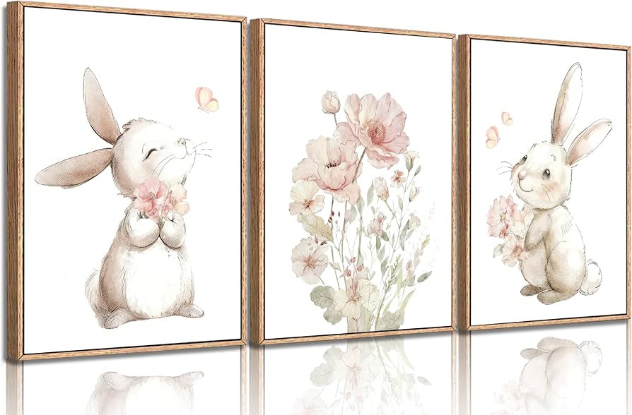 3 Pcs Easter Pink Bunny Canvas Wall Art Bunny floral watercolor Nursery Painting pictures Wall De... | Amazon (US)