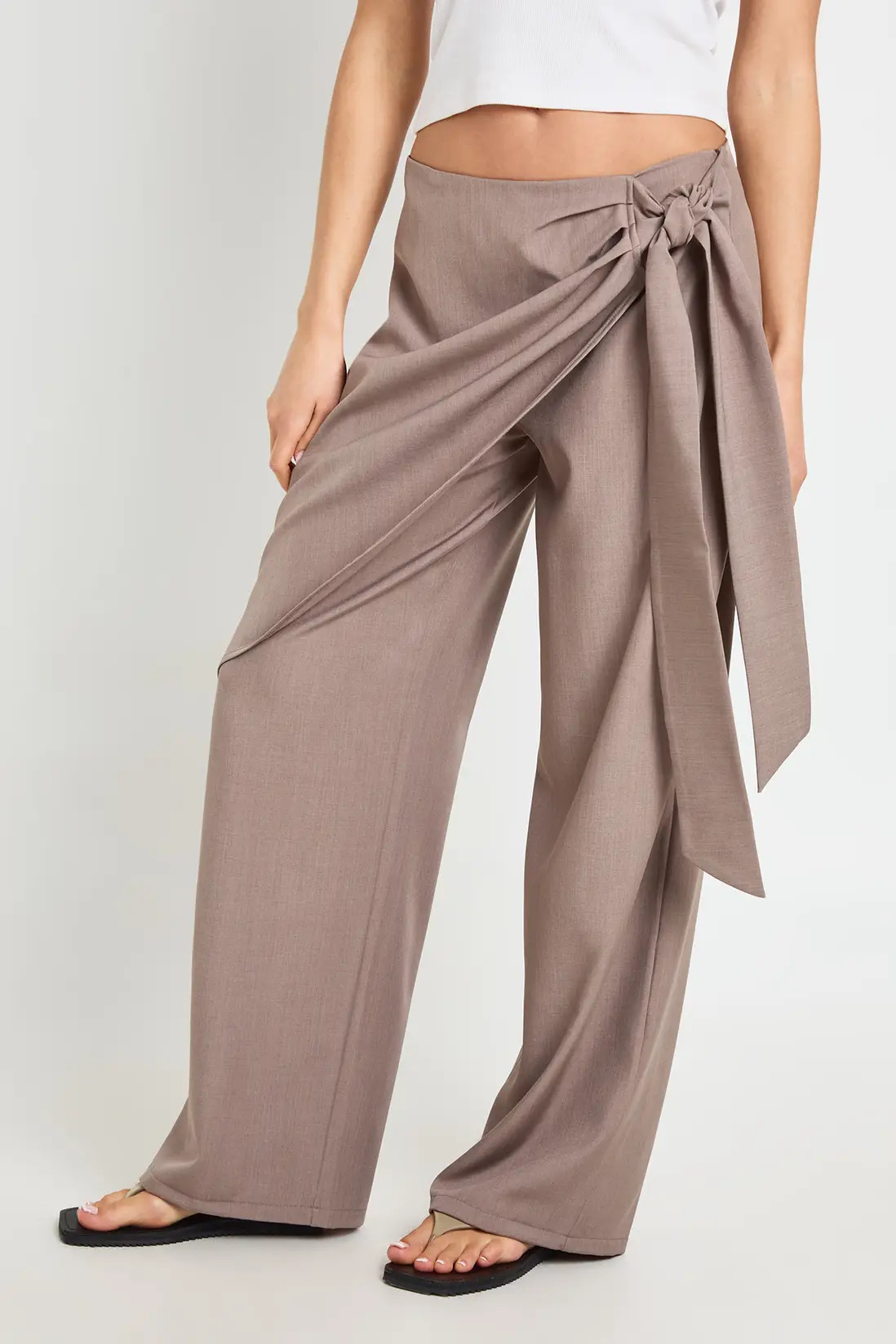 Mushroom Marl Overlay Tie Wide Leg Tailored Trousers | Boohoo | Boohoo.com (UK & IE)