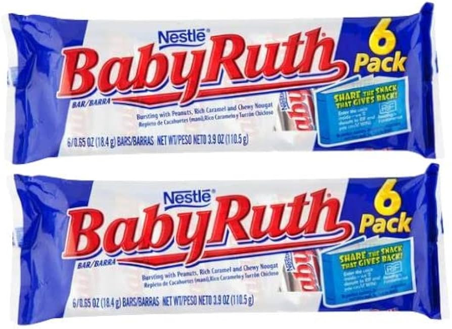 (2 pack) Baby Ruth Fun Size, 6 Pack Bar, Dry Roasted Peanuts, Rich Caramel, and Smooth Nougat 3.9... | Amazon (US)