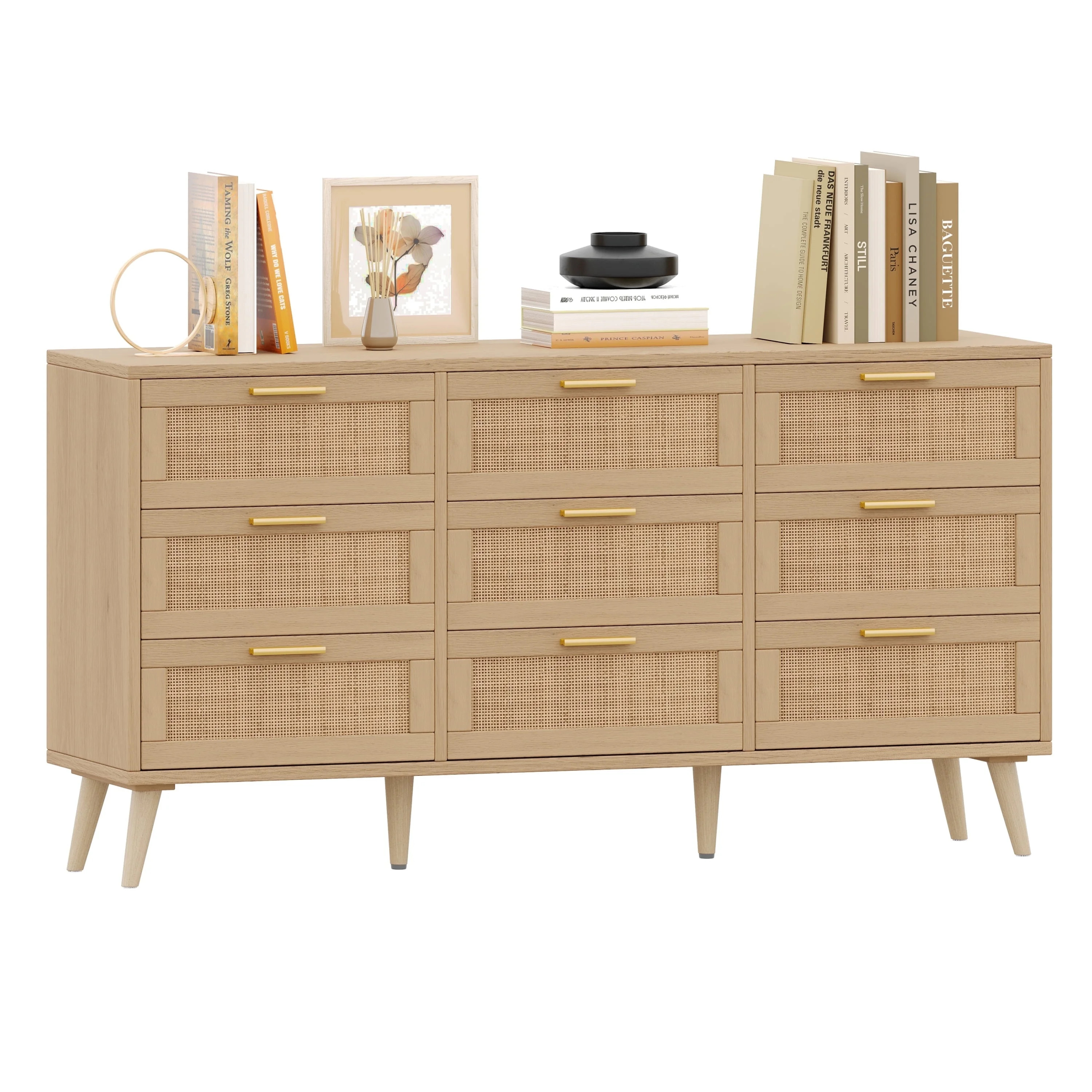 Rovaurx 9 Drawer Double Dresser for Bedroom, Rattan Chest of Dressers, Modern Wooden Dresser Ches... | Walmart (US)