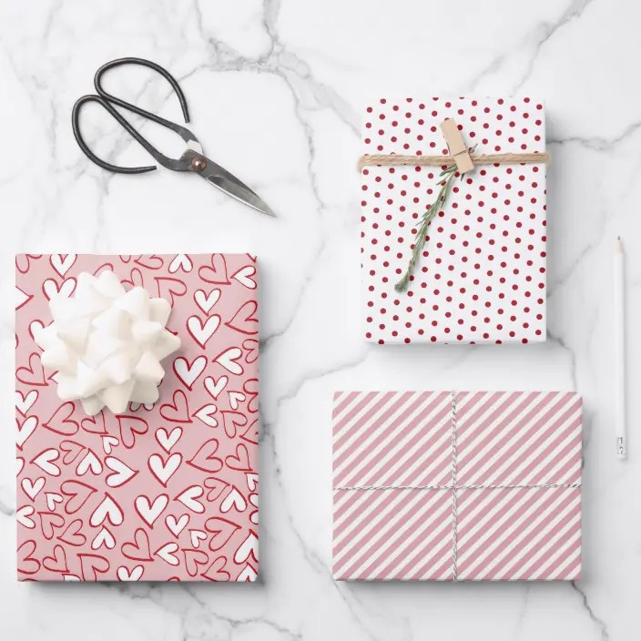Cute Coral Blush Hearts Stripes Polka Dots Pattern Wrapping Paper Sheets | Zazzle.com | Zazzle