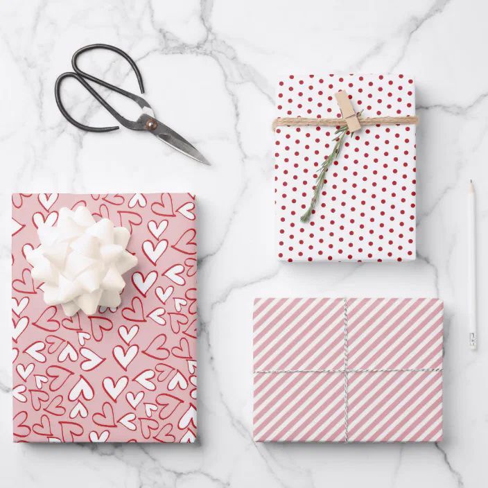 Cute Coral Blush Hearts Stripes Polka Dots Pattern Wrapping Paper Sheets | Zazzle.com | Zazzle