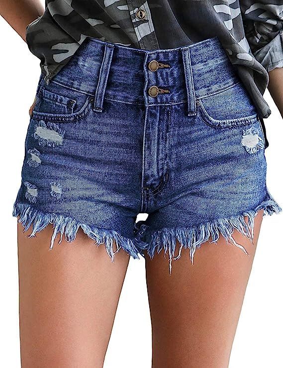 luvamia Women's Casual Denim Shorts Frayed Raw Hem Ripped Jeans Shorts | Amazon (US)
