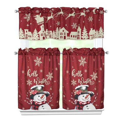 Zifmrtrwn Christmas Kitchen Curtains 3 Piece Set Winter Snowman Curtains Valance & Tiers for Kitchen Home Indoor Cafe 36 Inch Short Window Curtain Over Sink Window Snowflake Holiday Decor | Amazon (US)