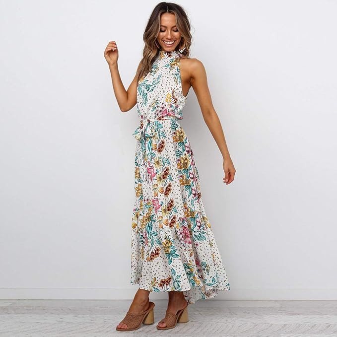 Women’s Casual Halter Neck Sleeveless Floral Long Maxi Dress Backless Loose Ruffle Sundress | Amazon (US)