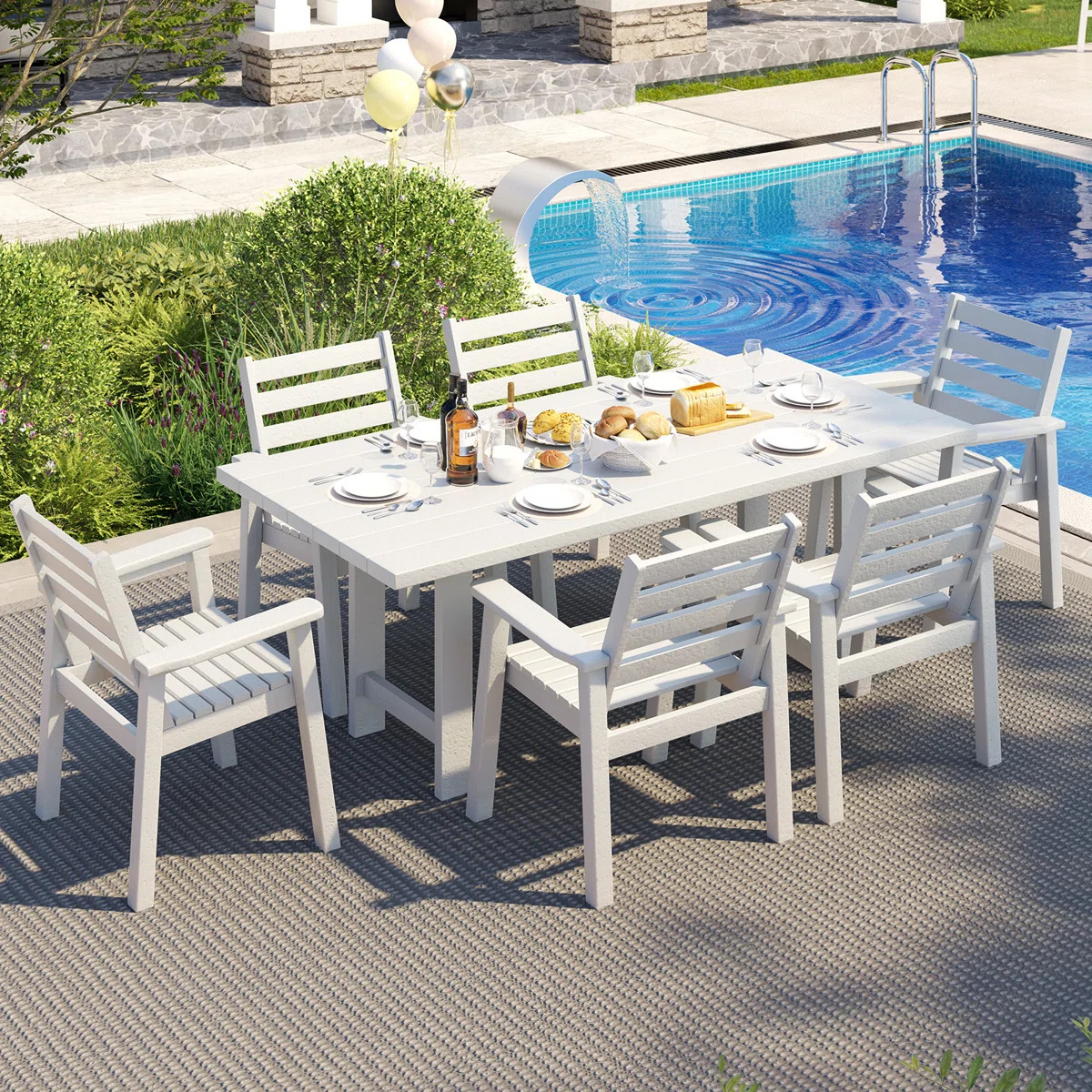 Immie 7- Piece HDPE Outdoor Dining Table Set With Chairs & Umbrella Hole, White | Wayfair North America