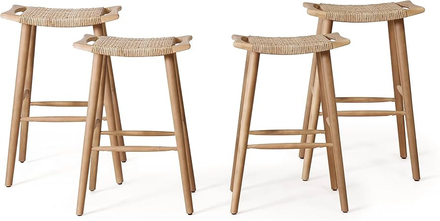 Magwen Outdoor Acacia Wood Barstool with Wicker (Set of 4), Light Brown and Light Multi-Brown | Amazon (US)