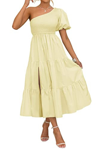 ZESICA Women's 2024 Boho Summer One Shoulder Short Sleeve Smocked Side Split Ruffle Swing Midi Dress Light Yellow | Amazon (US)