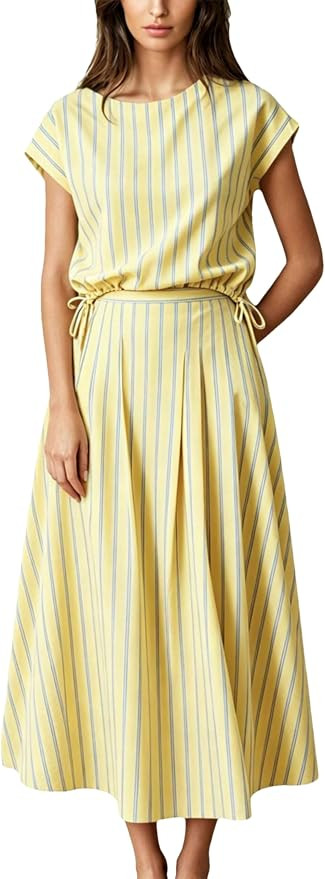 Wanzetaly Women's Summer Striped 2 Piece Skirt Sets Cap Sleeve Top Maxi Dress Matching Set Travel... | Amazon (US)
